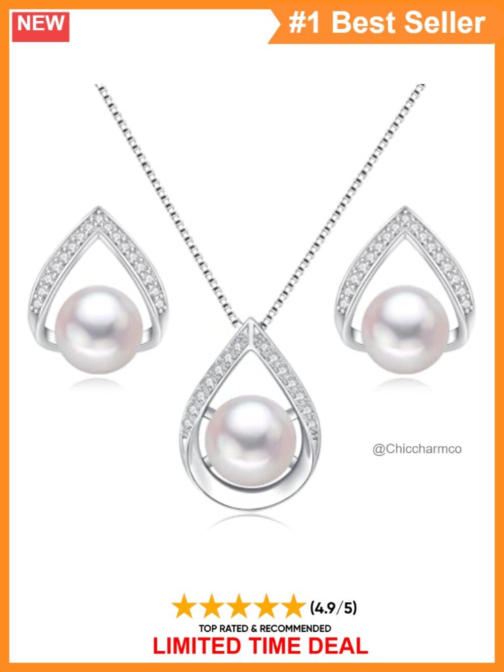 Sterling Silver Freshwater Pearl Pendant Necklace & Stud Earrings Jewelry Set